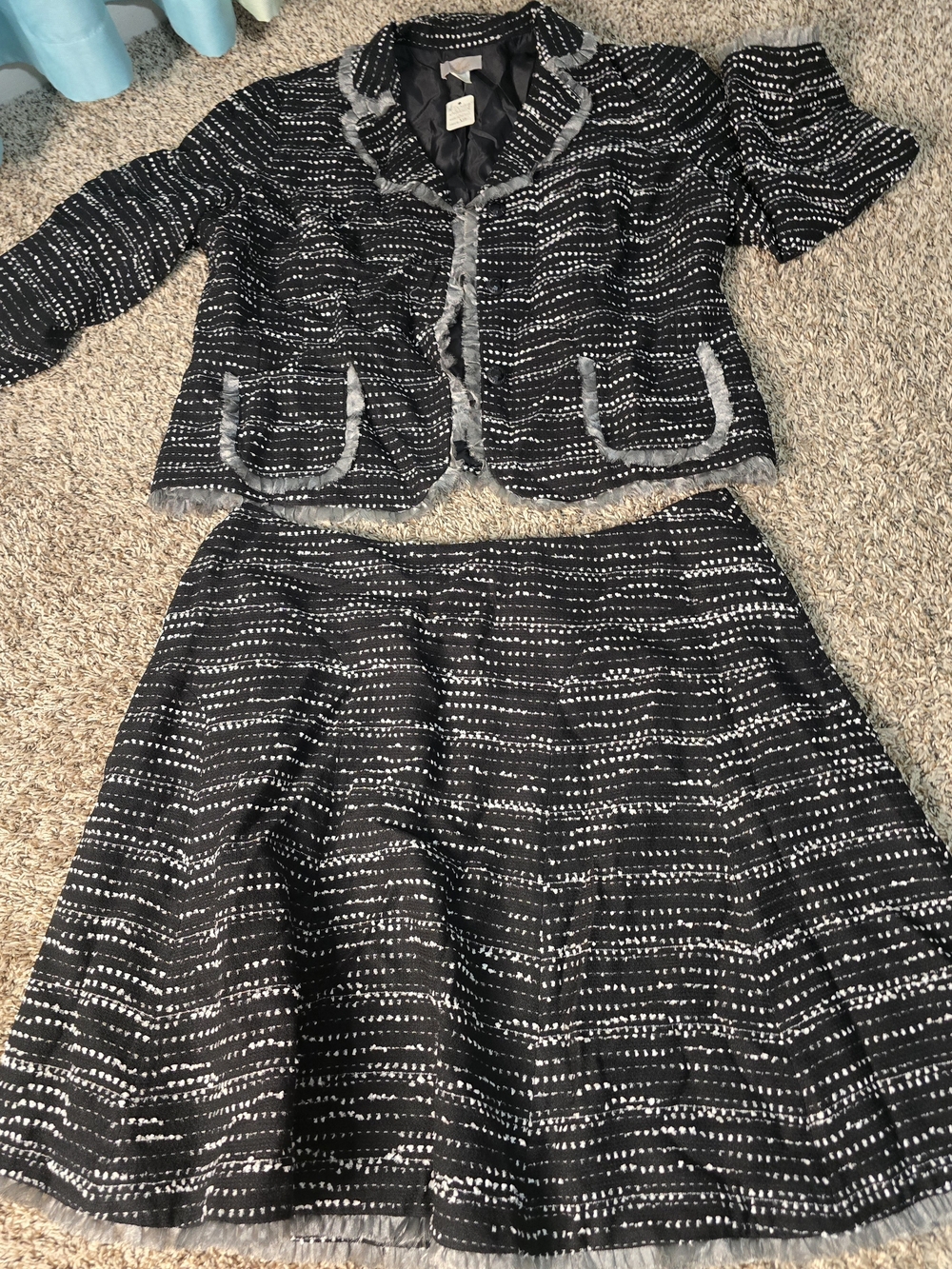 Black and White Tweed Fringe-Trim Two-Piece Skirt Set
